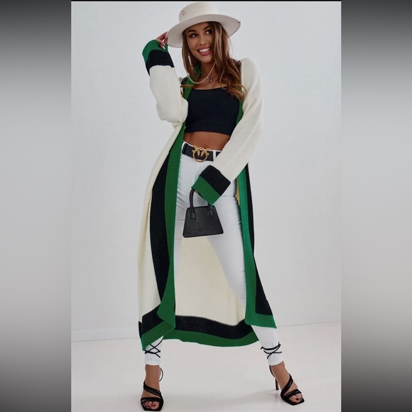 ShopEvelynne Sweaters - 22 Aisha Wide Sleeve Longline Color Block Cardigan -Green